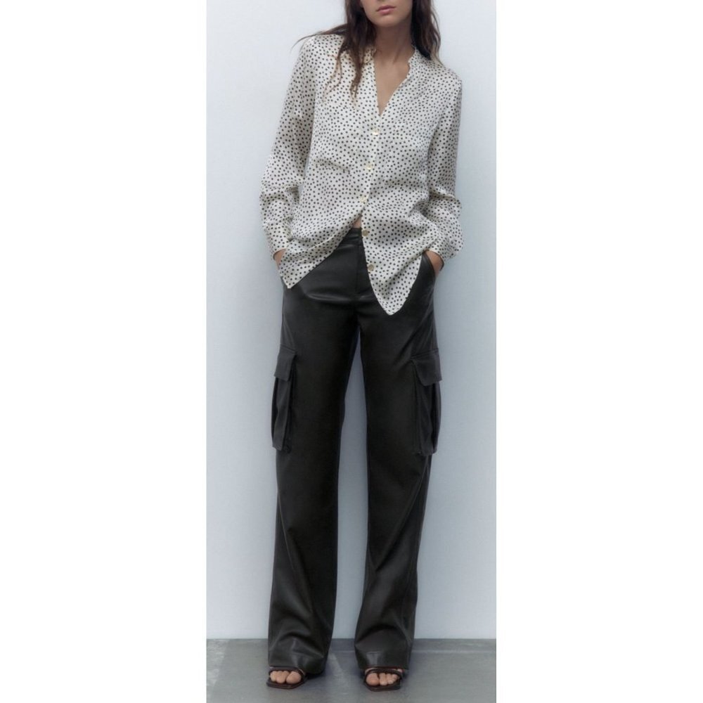ZARA Polka Dot Satin Effect Blouse Button Down VNeck Collar Pockets S WhiteBlack
